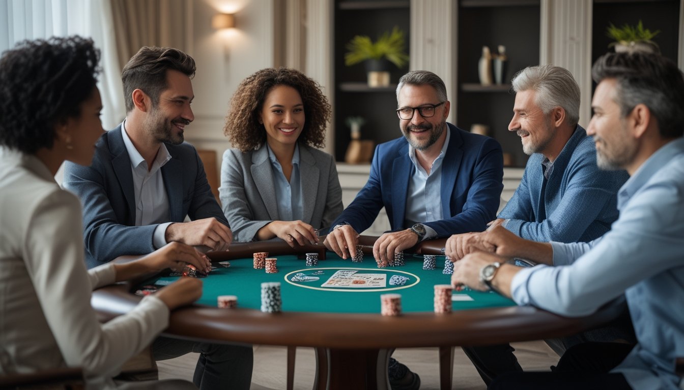 Sekelompok orang dewasa sedang duduk di sekitar meja poker modern, berbicara dan setuju sebelum mulai bermain.