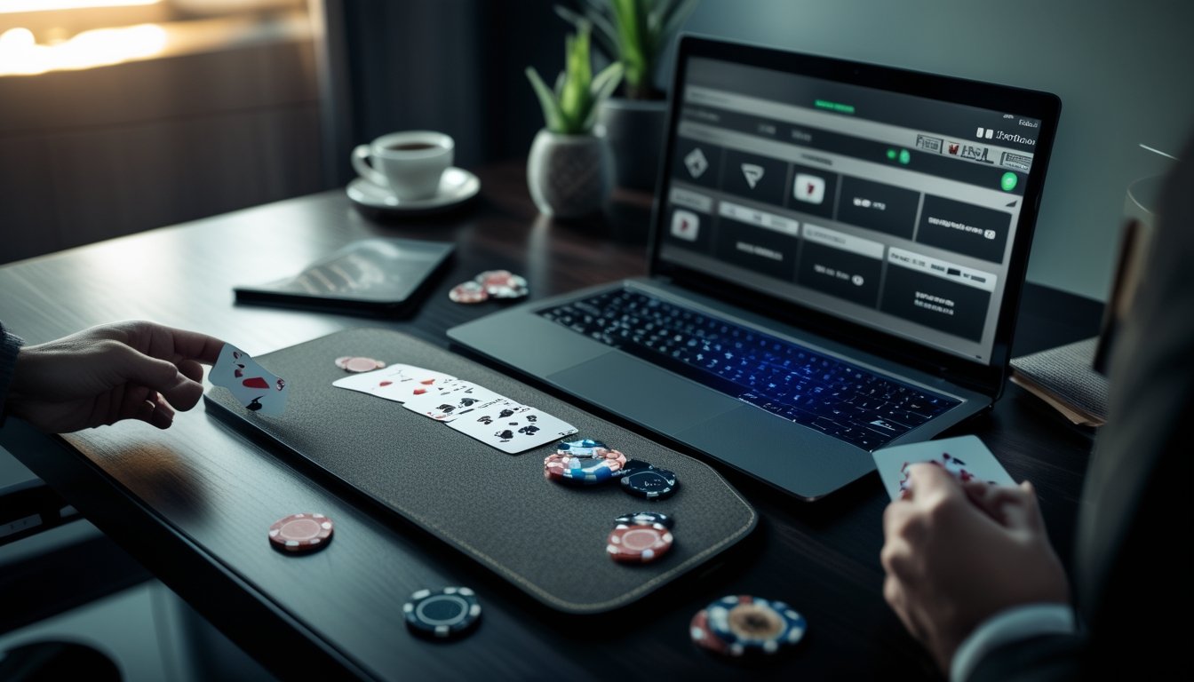 Meja poker dengan kartu dan chip, laptop terbuka menampilkan permainan poker online, suasana nyaman dan privat.