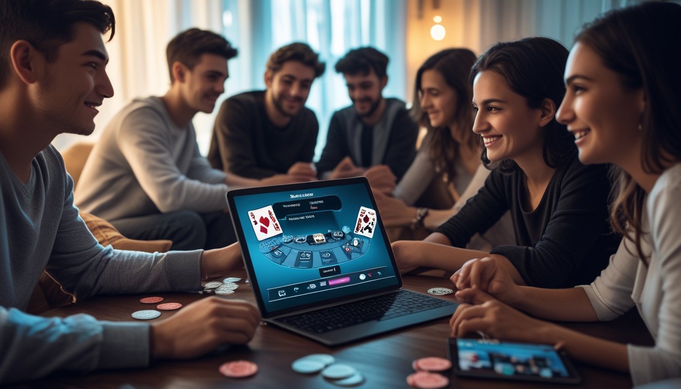 Sekelompok orang muda bermain poker online secara privat menggunakan tablet dan laptop di ruangan yang nyaman dengan pencahayaan redup.