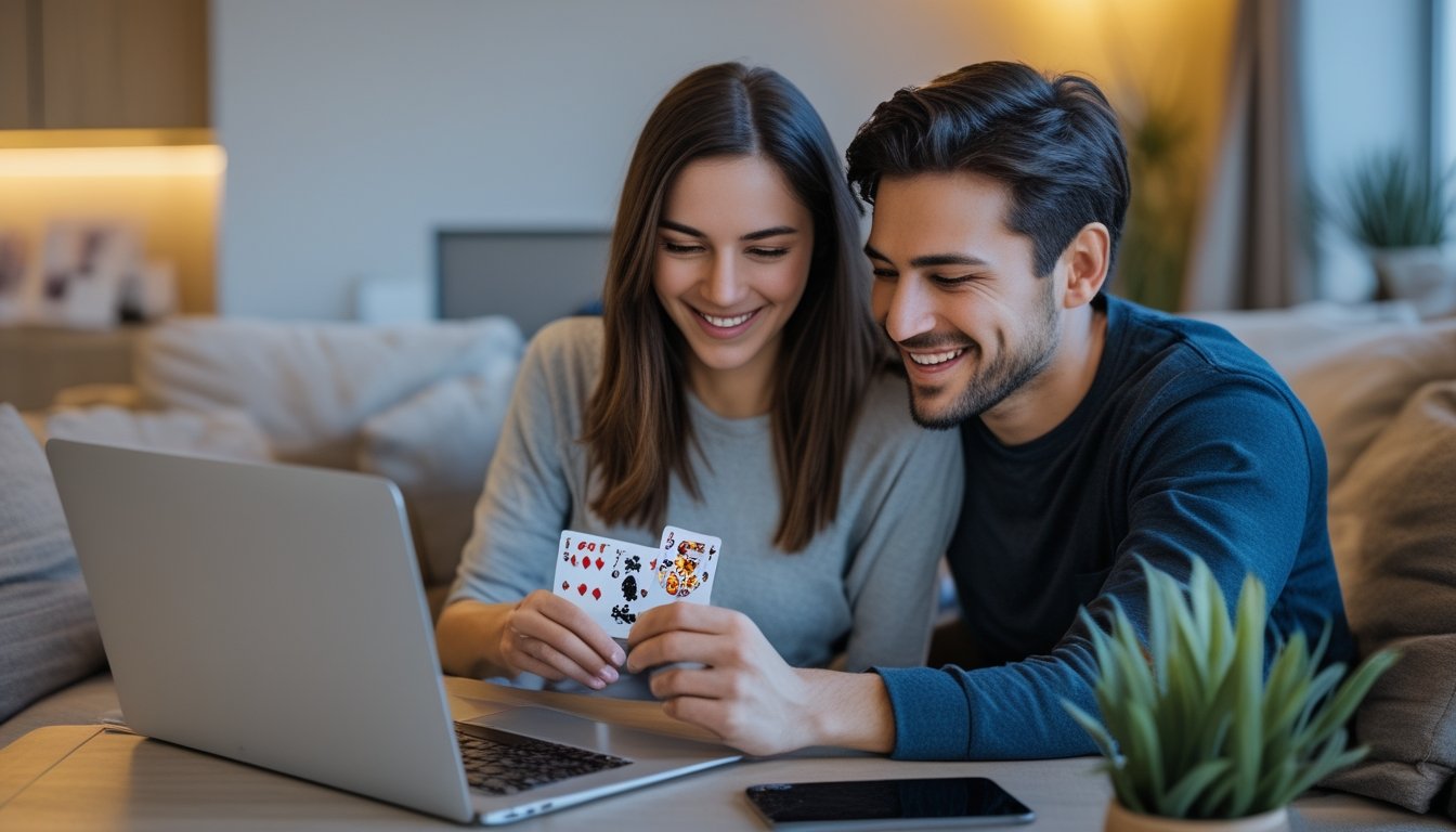 Pasangan sedang bermain permainan kartu online bersama di ruang tamu yang nyaman dan privat.