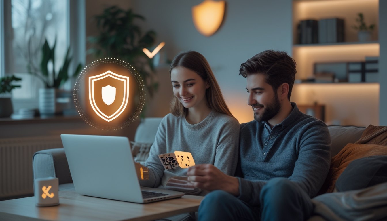 Pasangan duduk bersama di ruang tamu sambil bermain permainan kartu online menggunakan laptop, dengan suasana nyaman dan aman.