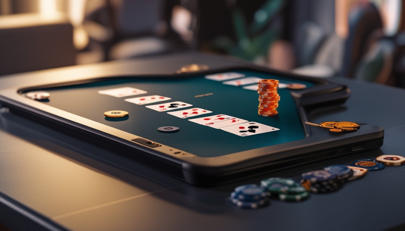 Tampilan meja poker digital dengan kartu dan chip di layar komputer, menggambarkan suasana permainan poker online.