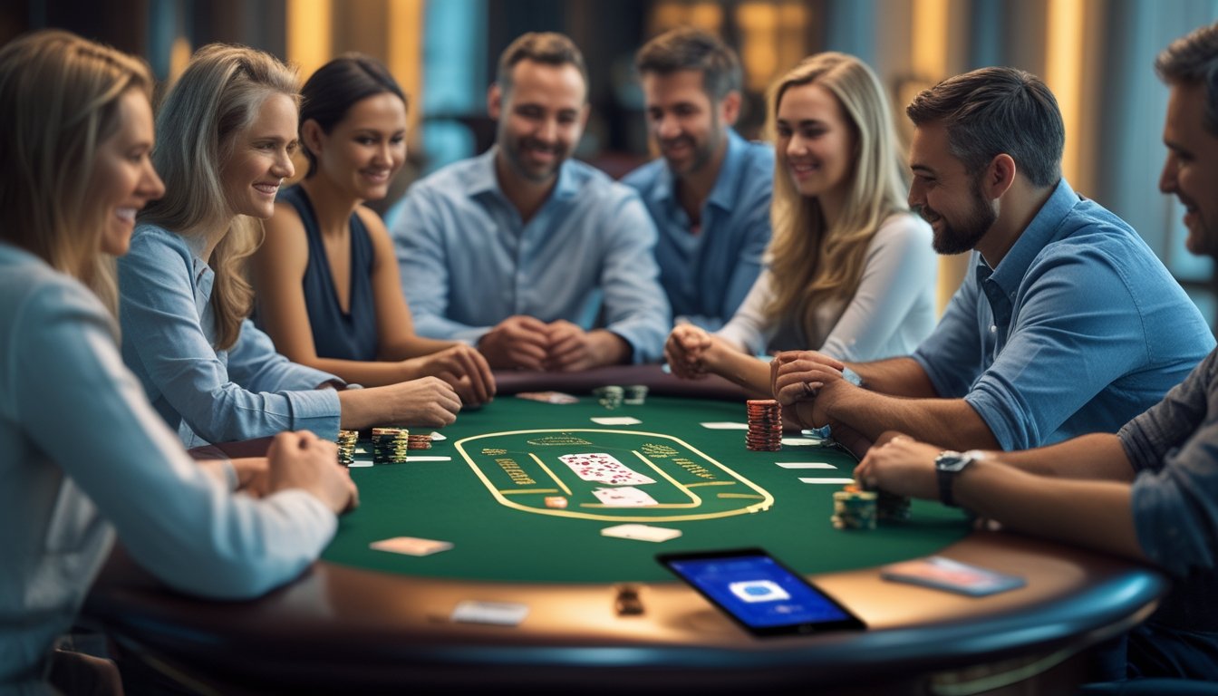 Sekelompok orang dewasa bermain poker di meja dengan kartu dan chip, menggunakan perangkat digital untuk poker online.