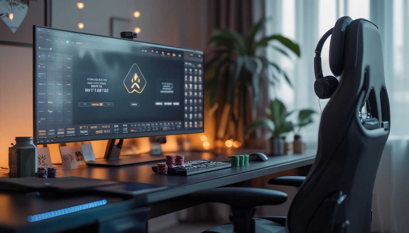 Sebuah ruangan virtual dengan meja komputer yang rapi dan kursi nyaman, menampilkan suasana bermain poker online yang santai dan terorganisir.