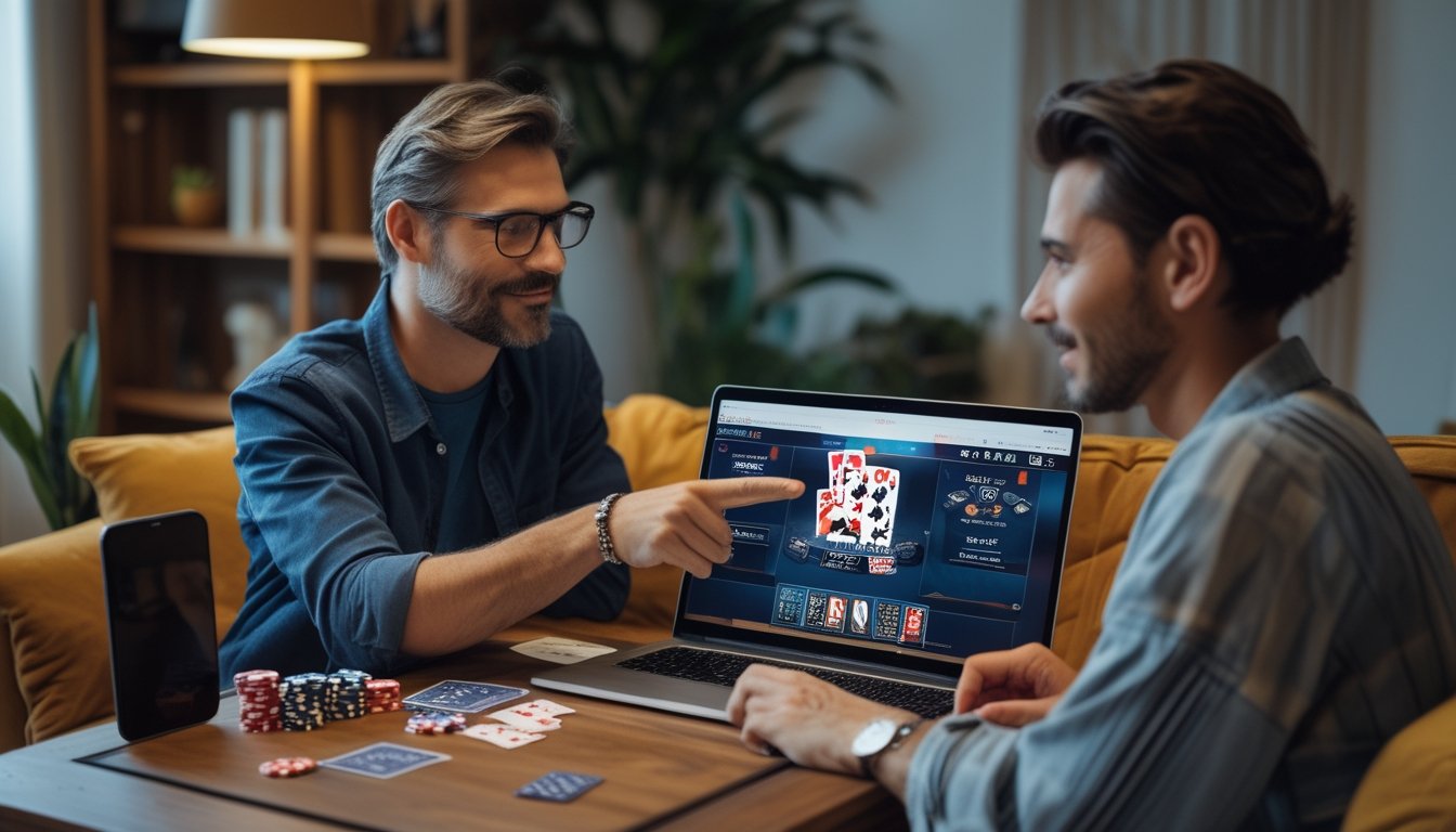 Dua orang dewasa duduk di ruang tamu yang nyaman, bermain poker online menggunakan laptop di atas meja dengan chip dan kartu remi.
