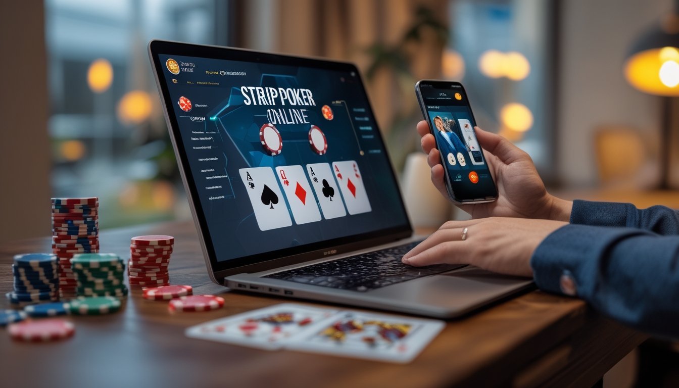 Seorang pemain sedang menggunakan laptop dengan permainan poker online terbuka, di meja terdapat kartu remi dan chip poker.