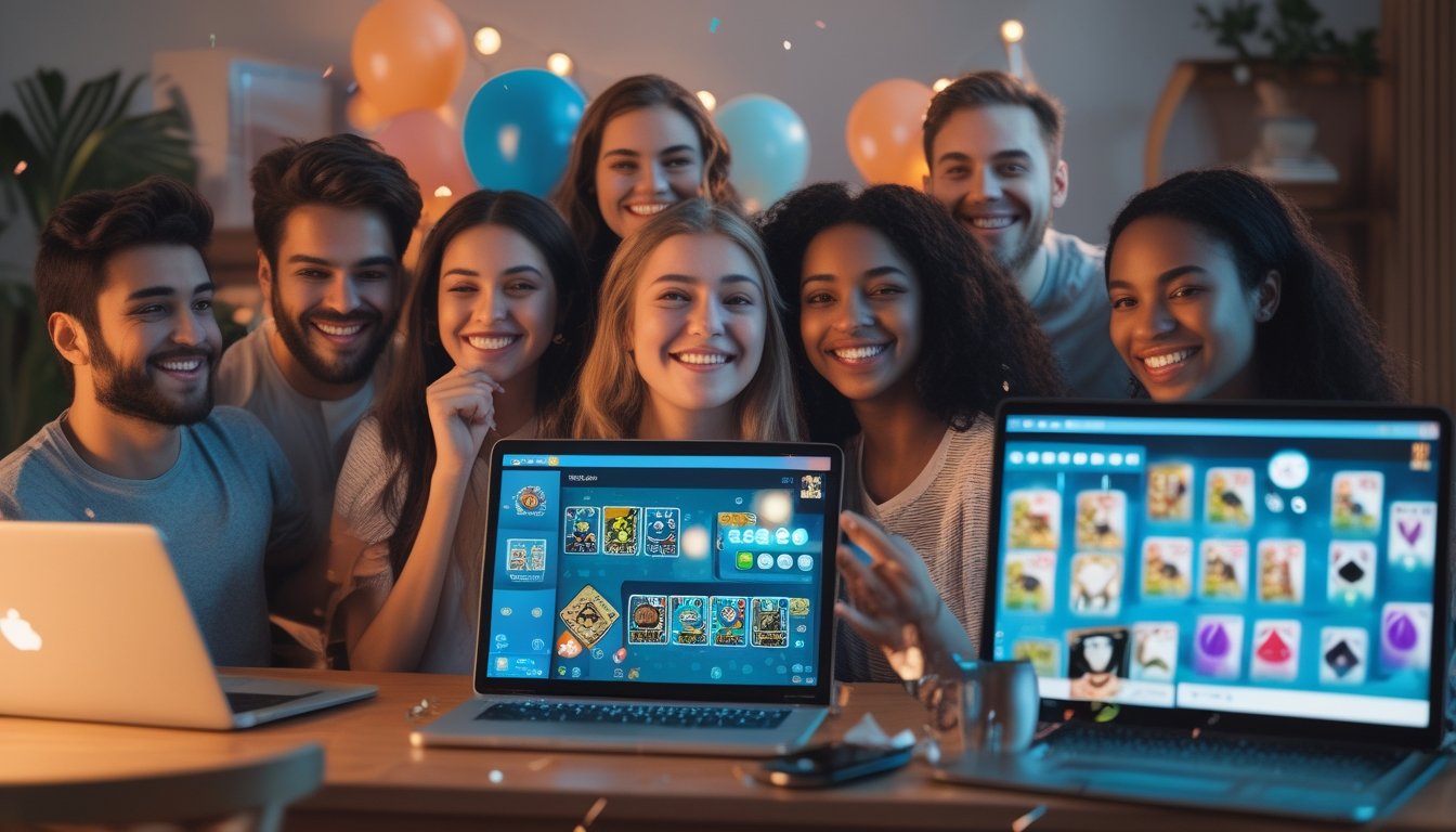 Sekelompok orang muda yang sedang bermain game kartu online bersama melalui perangkat digital dalam suasana acara virtual yang menyenangkan.