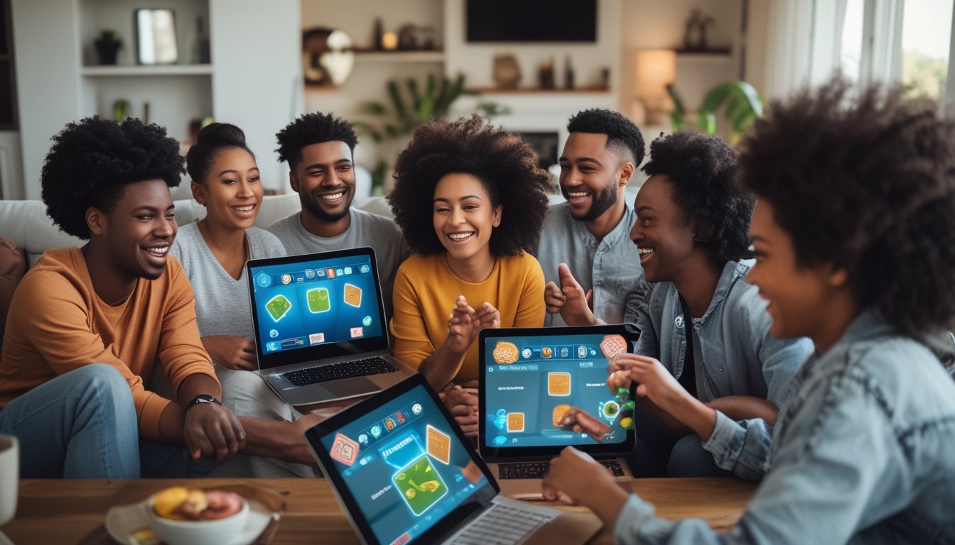 Sekelompok orang muda bermain game kartu online bersama dari rumah masing-masing dengan perangkat digital.