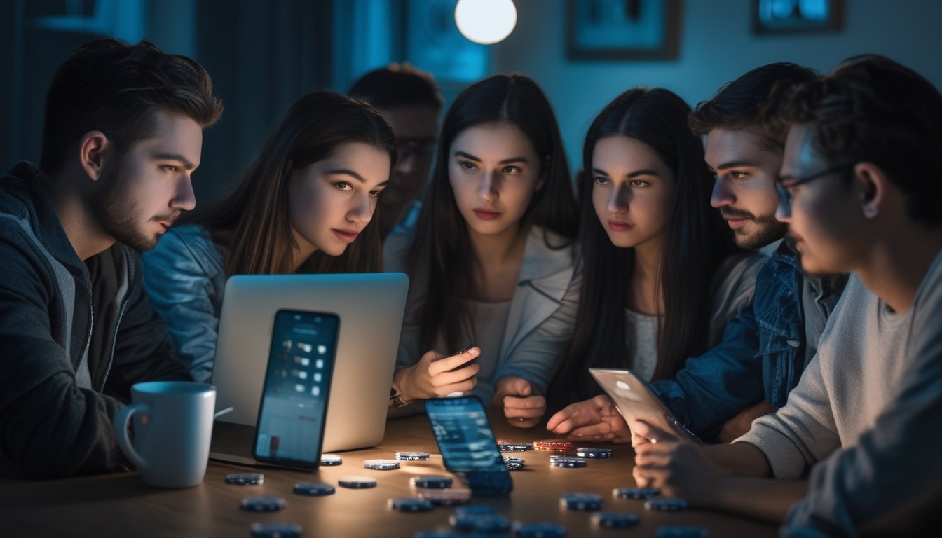 Sekelompok orang muda bermain poker online malam hari di ruangan dengan pencahayaan redup, fokus pada layar laptop dan ponsel mereka.