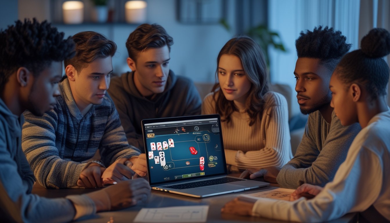 Sekelompok orang muda berkumpul di ruang tamu malam hari, bermain strip poker online dengan laptop di atas meja.