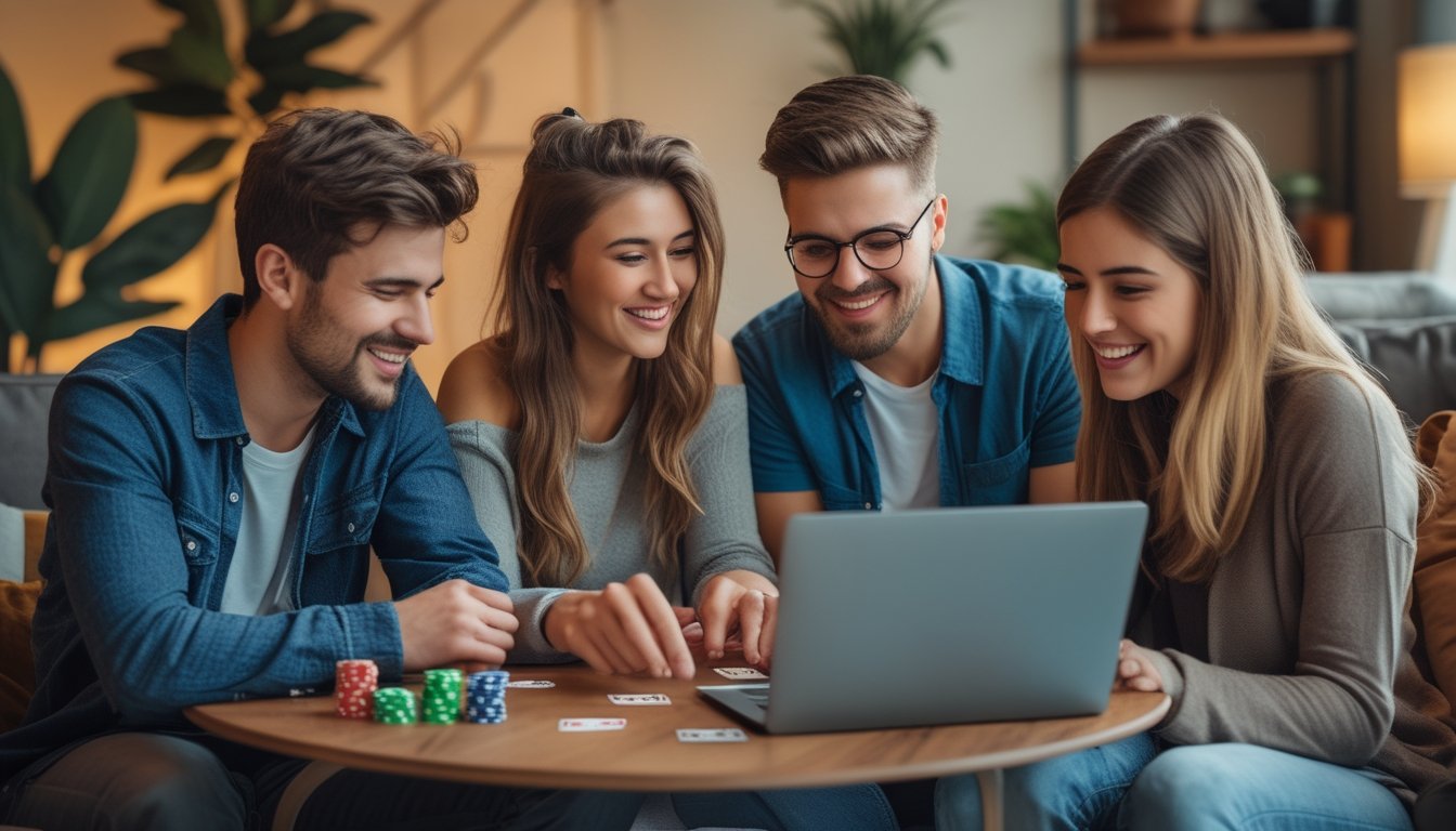 Sekelompok empat teman duduk di ruang tamu, sedang berdiskusi dan tertawa sambil bermain poker online bersama.