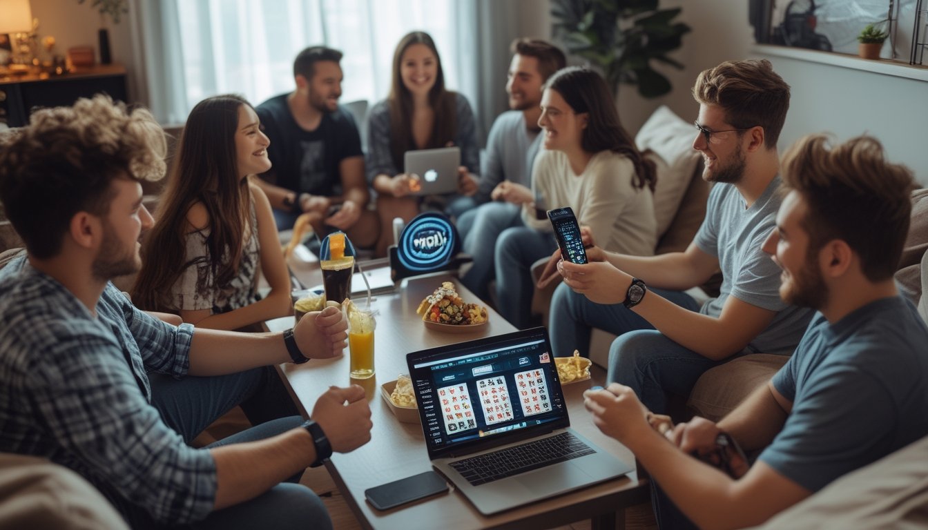 Sekelompok teman bermain poker online bersama di ruang tamu yang nyaman dengan laptop dan ponsel di meja kopi.