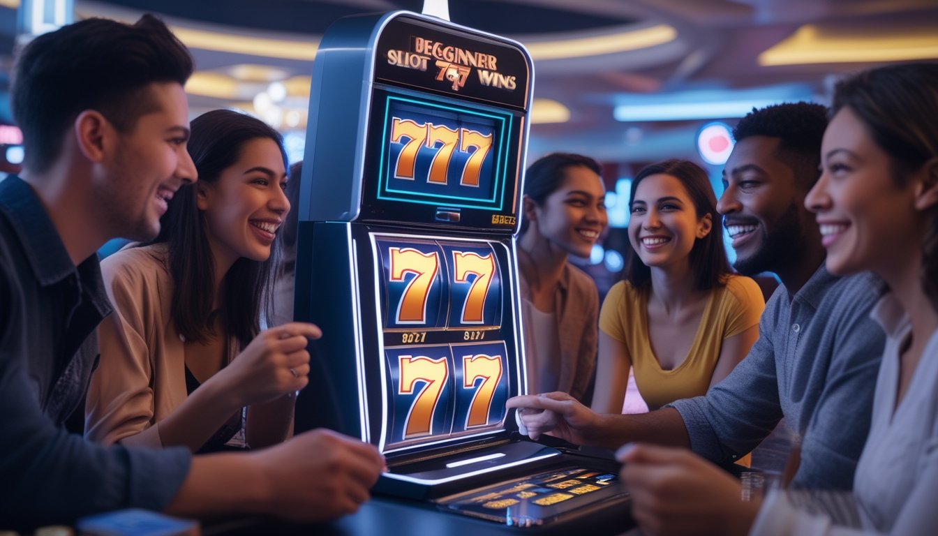 Orang-orang bermain mesin slot 777 di kasino dengan ekspresi antusias dan suasana yang cerah.