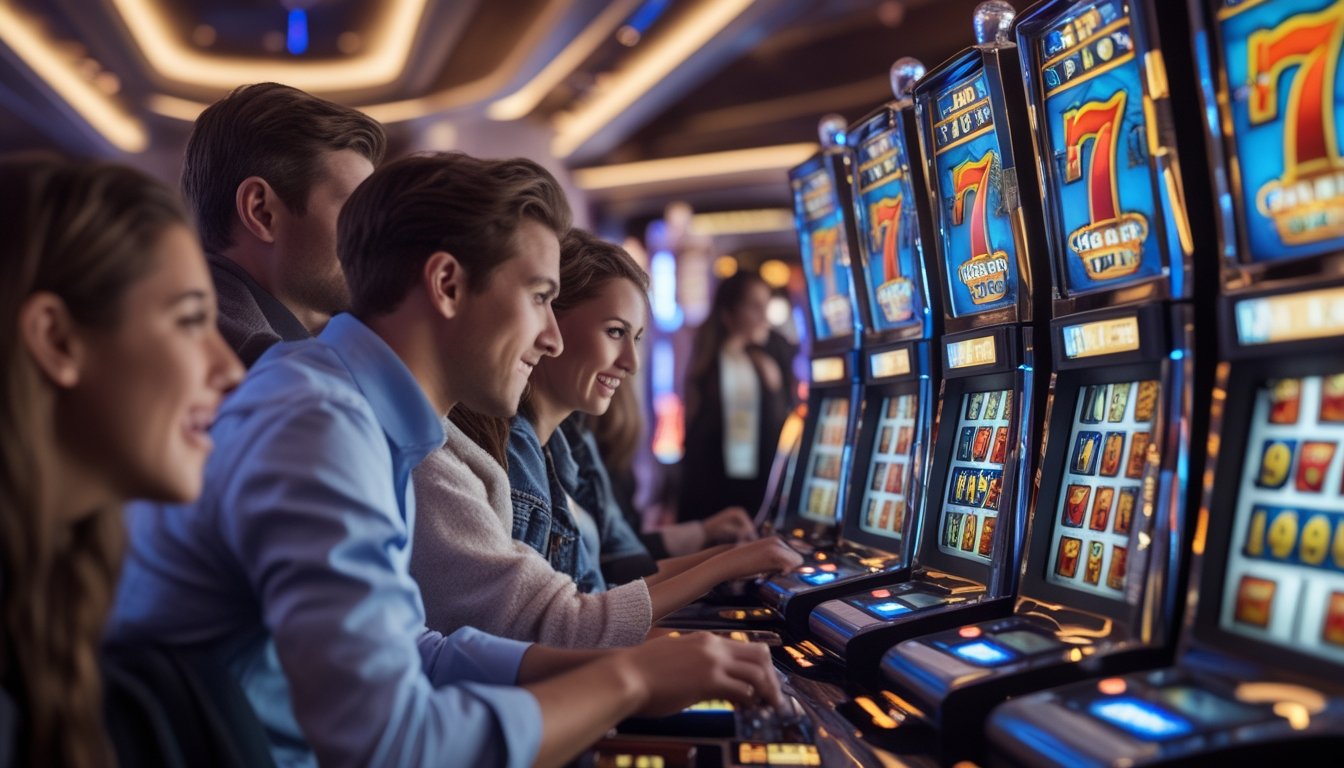 Orang-orang bermain mesin slot 777 deluxe di kasino dengan suasana ceria dan penuh semangat.