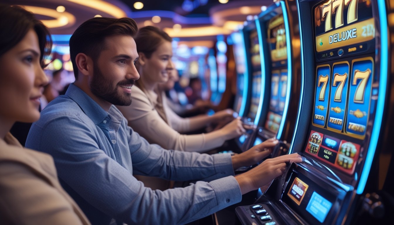 Orang-orang bermain mesin slot 777 Deluxe di kasino dengan ekspresi fokus dan antusias.