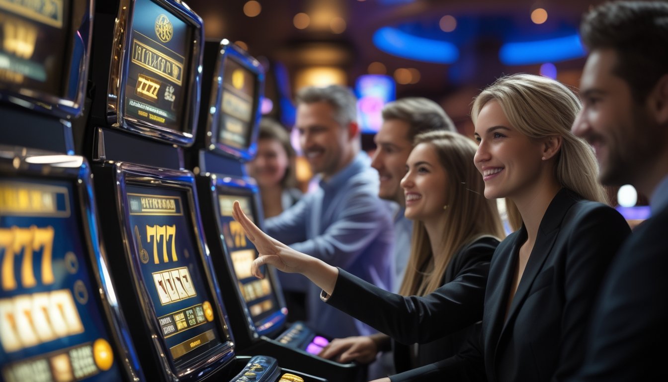 Beberapa orang sedang bermain mesin slot 777 di dalam kasino yang mewah dan terang.