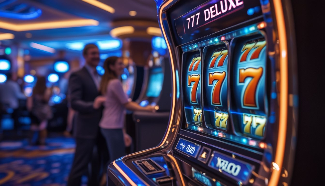 Mesin slot 777 Deluxe dengan lampu warna-warni dan pemain yang terlihat antusias di latar belakang dalam suasana kasino yang mewah.