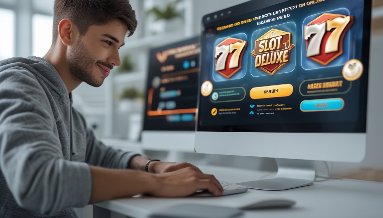 Seseorang menggunakan laptop di ruang kerja yang rapi, sedang melakukan proses login pada permainan slot online.