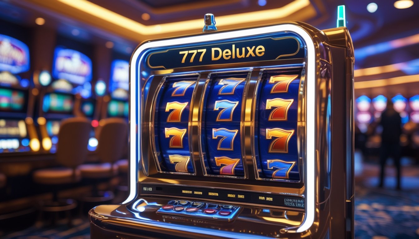 Mesin slot 777 Deluxe yang mewah di dalam kasino dengan lampu berwarna cerah dan suasana elegan.