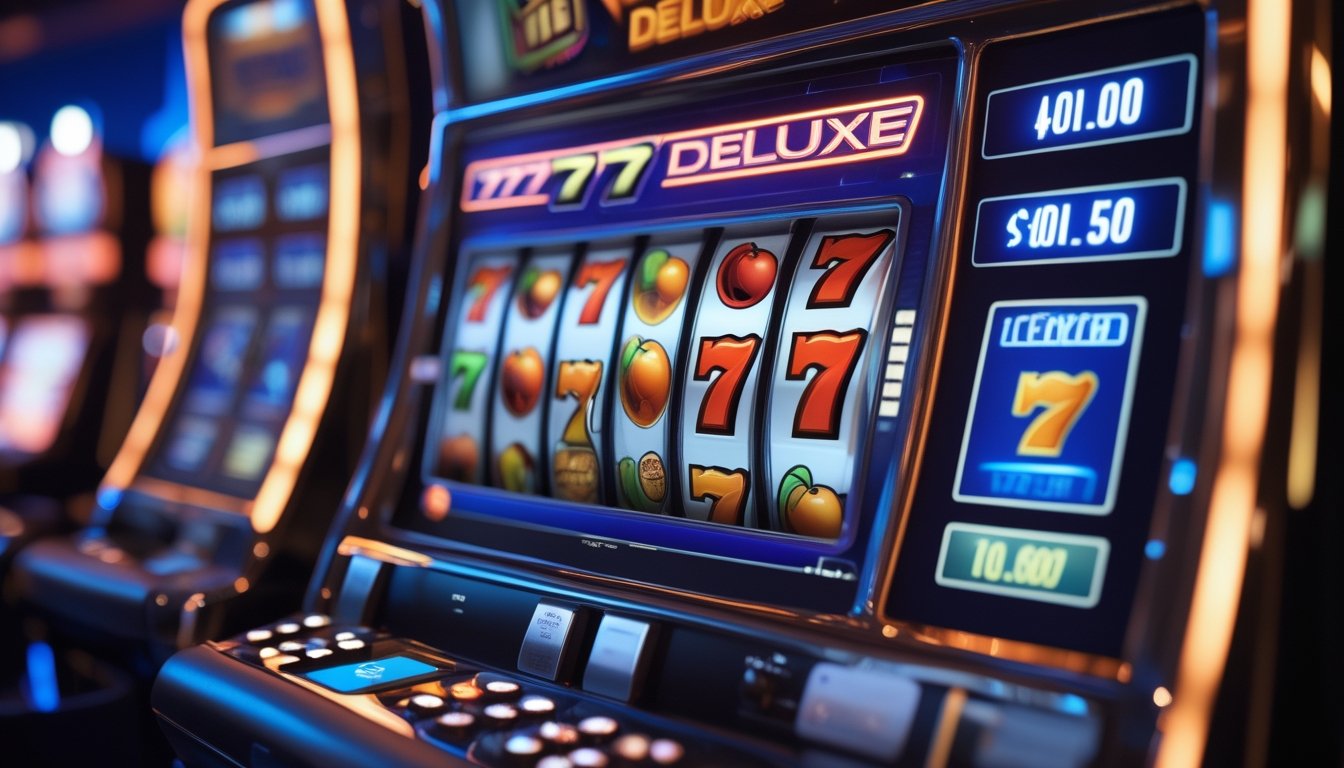 Mesin slot modern dengan layar menampilkan gulungan berwarna-warni dan simbol klasik seperti angka tujuh dan ceri, dengan latar belakang kasino yang samar dan pencahayaan hangat.
