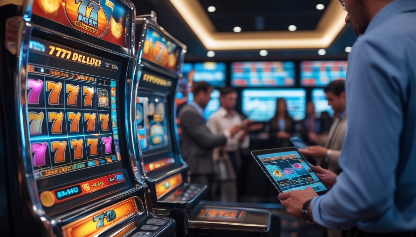 Mesin slot 777 Deluxe dengan tiga angka tujuh di layar, dikelilingi oleh orang-orang yang menganalisis data pada tablet dan laptop di lingkungan kasino yang modern.