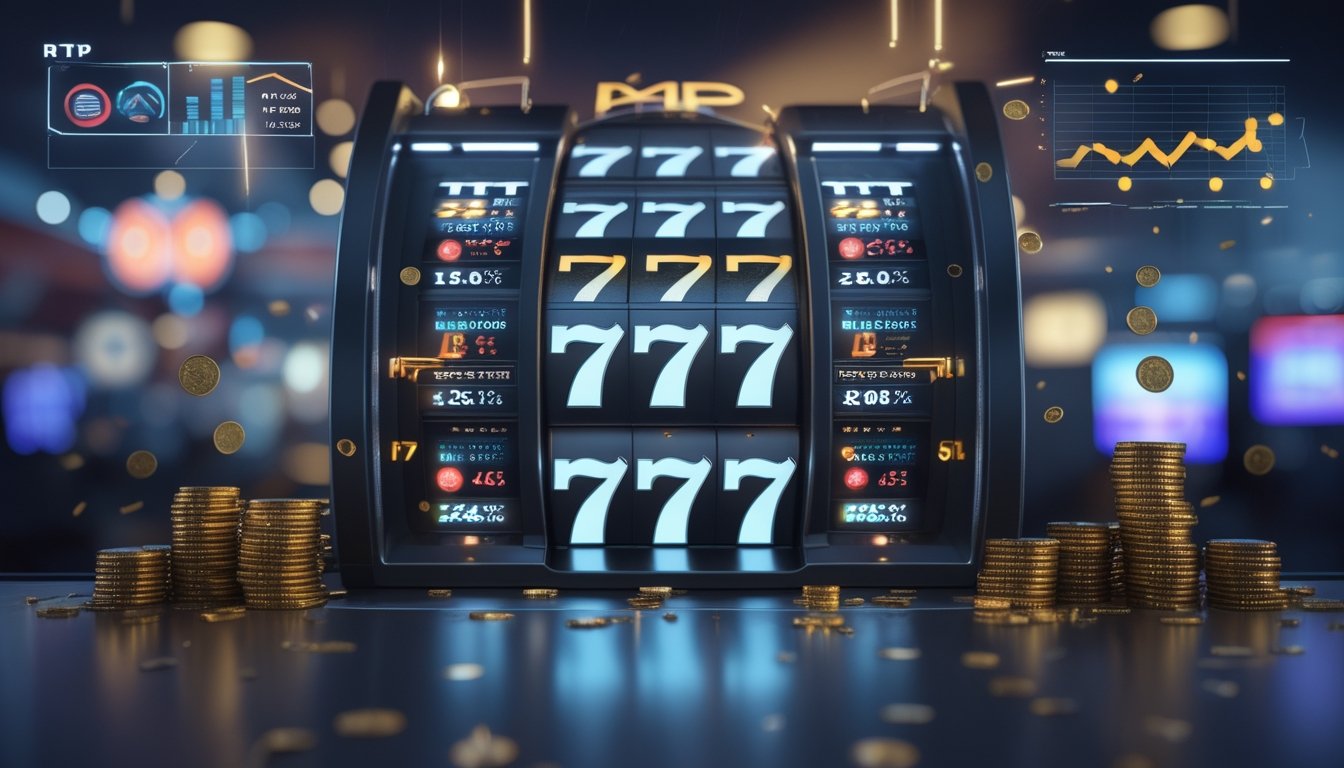 Mesin slot 777 dengan angka 777 di gulungan, lampu menyala, dan grafik data di latar belakang yang menunjukkan analisis persentase kemenangan.