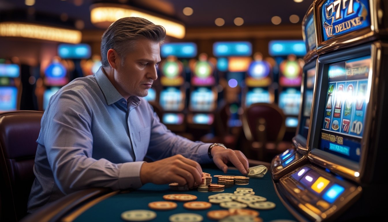 Seorang pria dewasa sedang duduk di depan mesin slot 777 Deluxe dengan tumpukan chip dan uang di meja, terlihat fokus mengelola modal bermain.