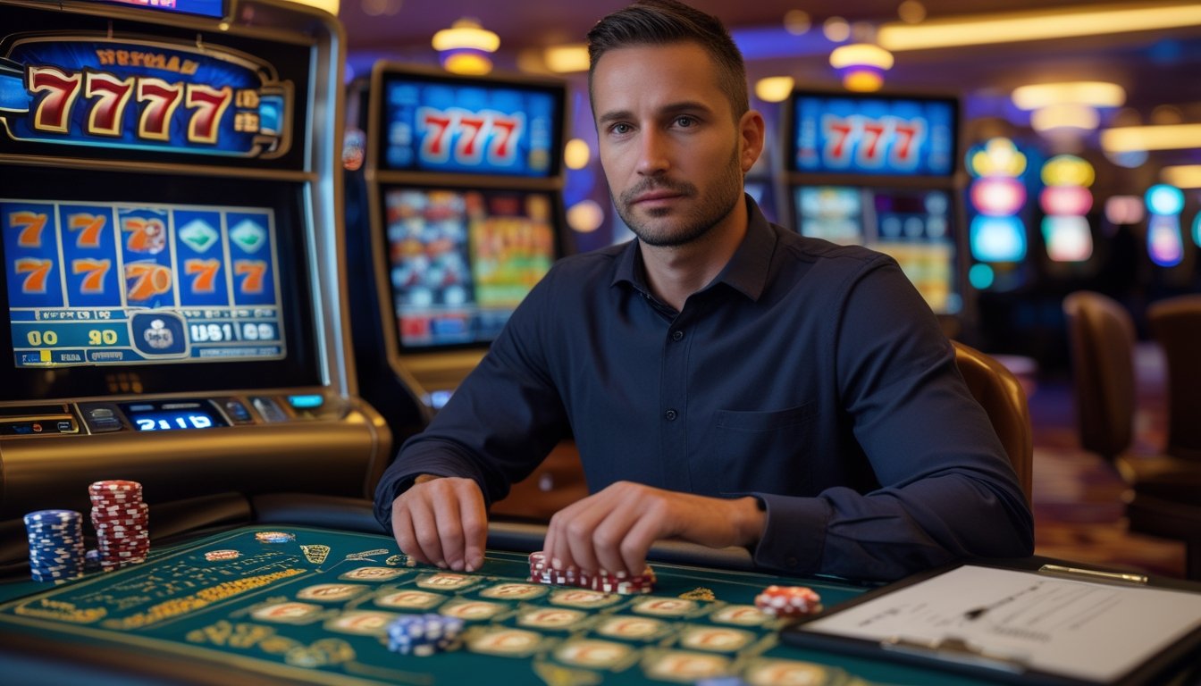 Seorang pria dewasa duduk di depan mesin slot dengan angka 777, tampak fokus dan tenang, dikelilingi oleh chip poker dan uang, menunjukkan suasana pengelolaan modal saat bermain slot.