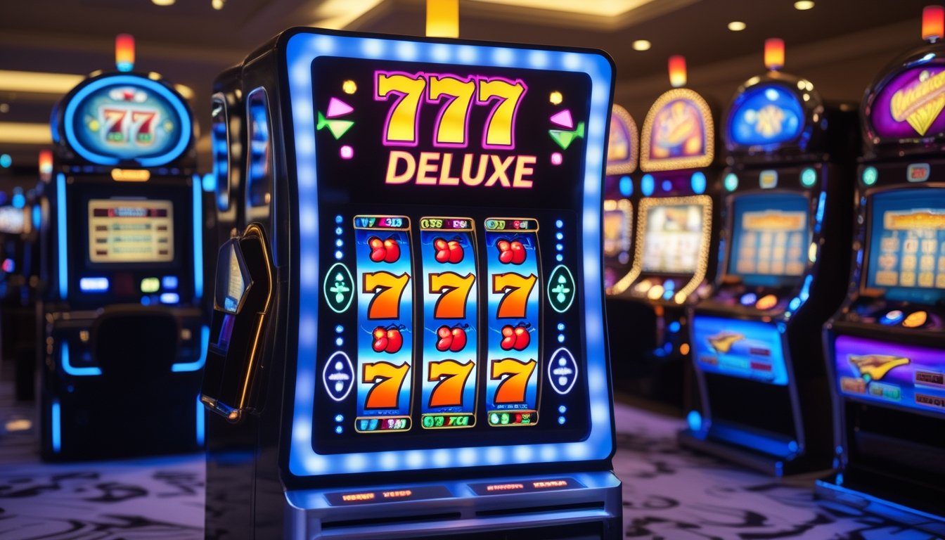 Mesin slot 777 Deluxe yang modern dan bercahaya berdiri di depan mesin slot klasik di dalam kasino.