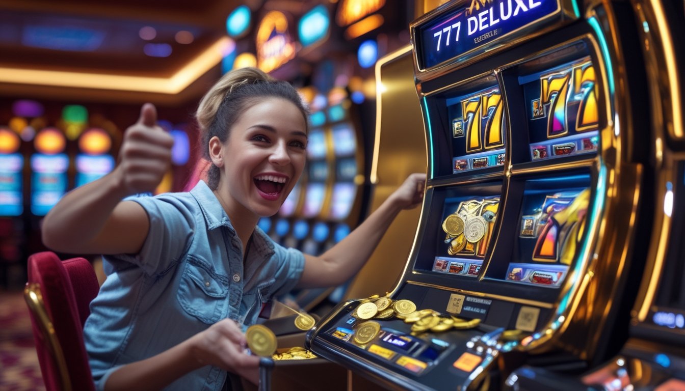 Seseorang yang sedang merayakan kemenangan jackpot di mesin slot 777 Deluxe di dalam kasino.
