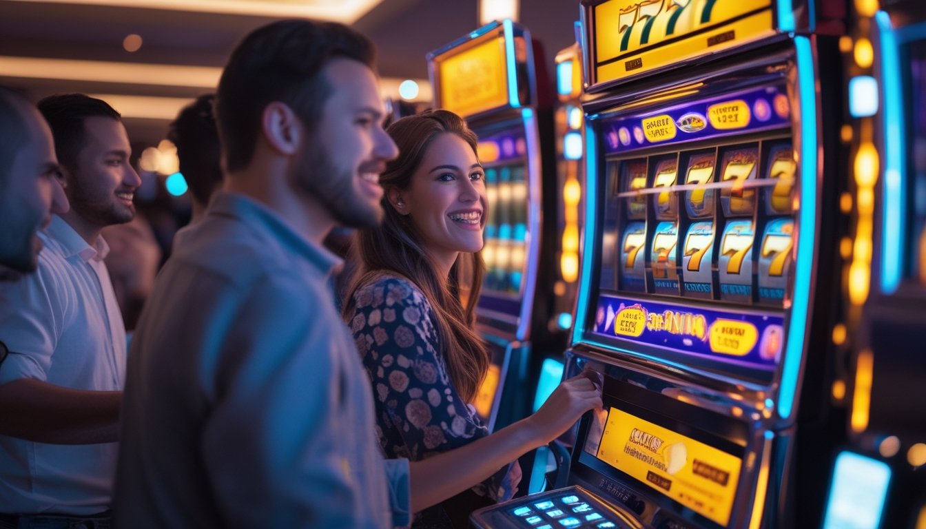 Orang-orang bermain mesin slot 777 Deluxe di kasino dengan ekspresi antusias dan lampu mesin yang menyala.