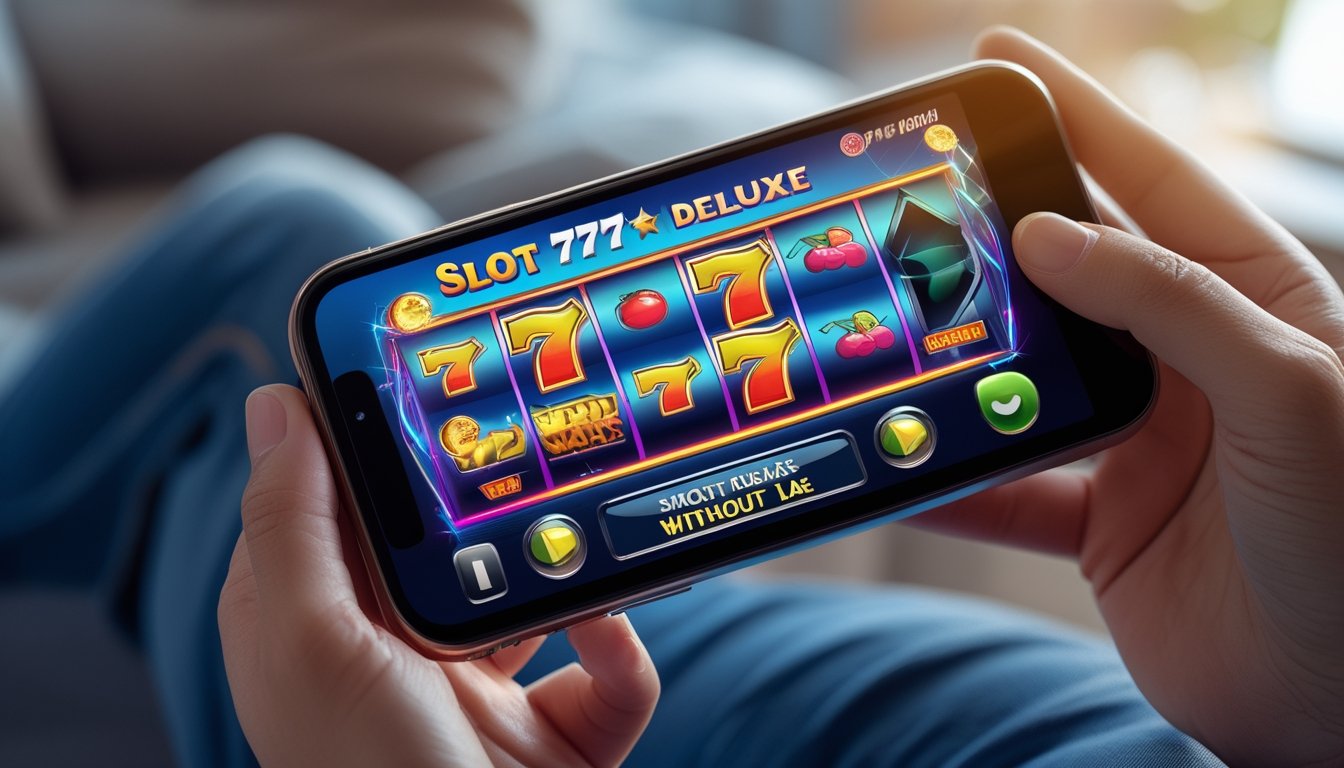 Seseorang memegang smartphone yang menampilkan permainan mesin slot 777 dengan layar berwarna cerah dan simbol klasik.