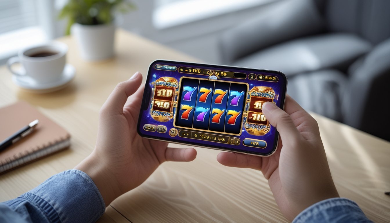 Tangan memegang smartphone yang menampilkan permainan slot 777 dengan latar meja kayu dan perlengkapan seperti kopi dan buku catatan.