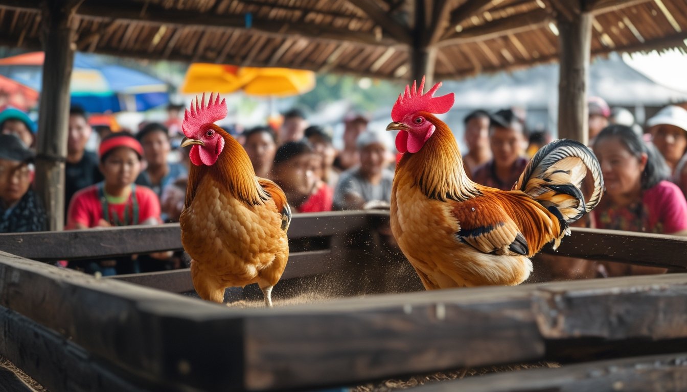 Dua ayam jago sedang bertarung di arena tradisional dengan penonton yang antusias menyaksikan dari sekeliling.