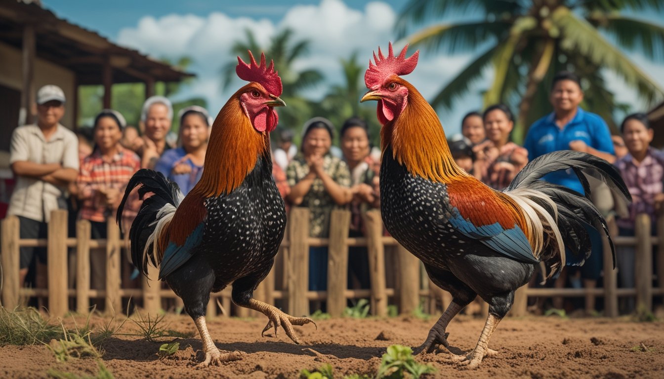 Dua ayam jago sedang bertarung di depan penonton yang antusias di lingkungan pedesaan dengan pepohonan tropis di latar belakang.