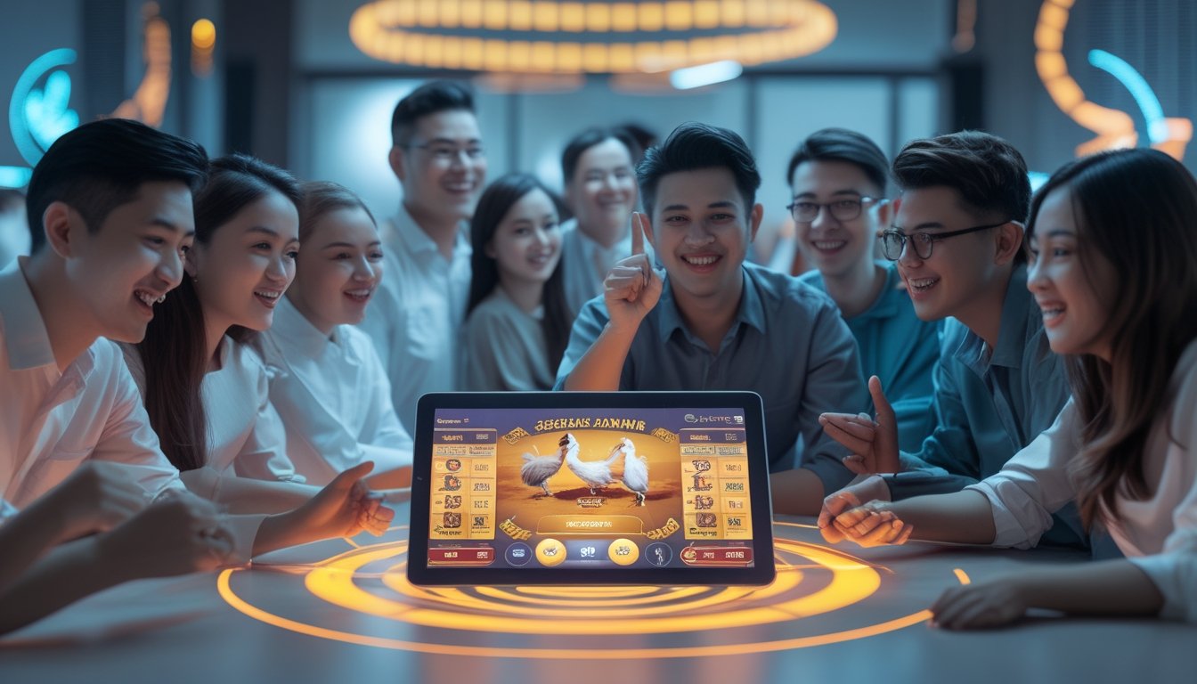 Sekelompok orang muda yang antusias mengelilingi perangkat digital di ruangan modern, menunjukkan aktivitas terkait Sabung Ayam 99k.