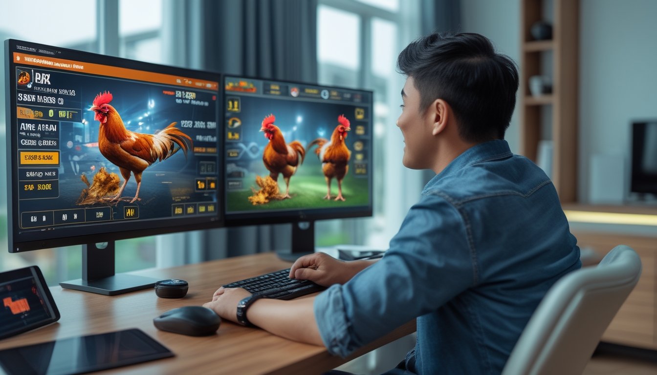 Seorang pria muda menonton pertandingan sabung ayam digital di layar komputer besar di dalam ruangan yang terang dan modern.