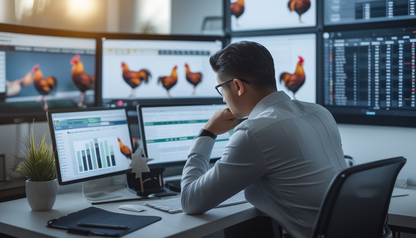 Seseorang duduk di meja kerja modern, mempelajari data dan grafik tentang sabung ayam dengan fokus dan serius.