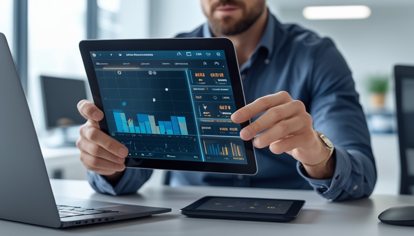 Seorang pria serius sedang menganalisis data dan grafik di tablet dan laptop di sebuah kantor modern.