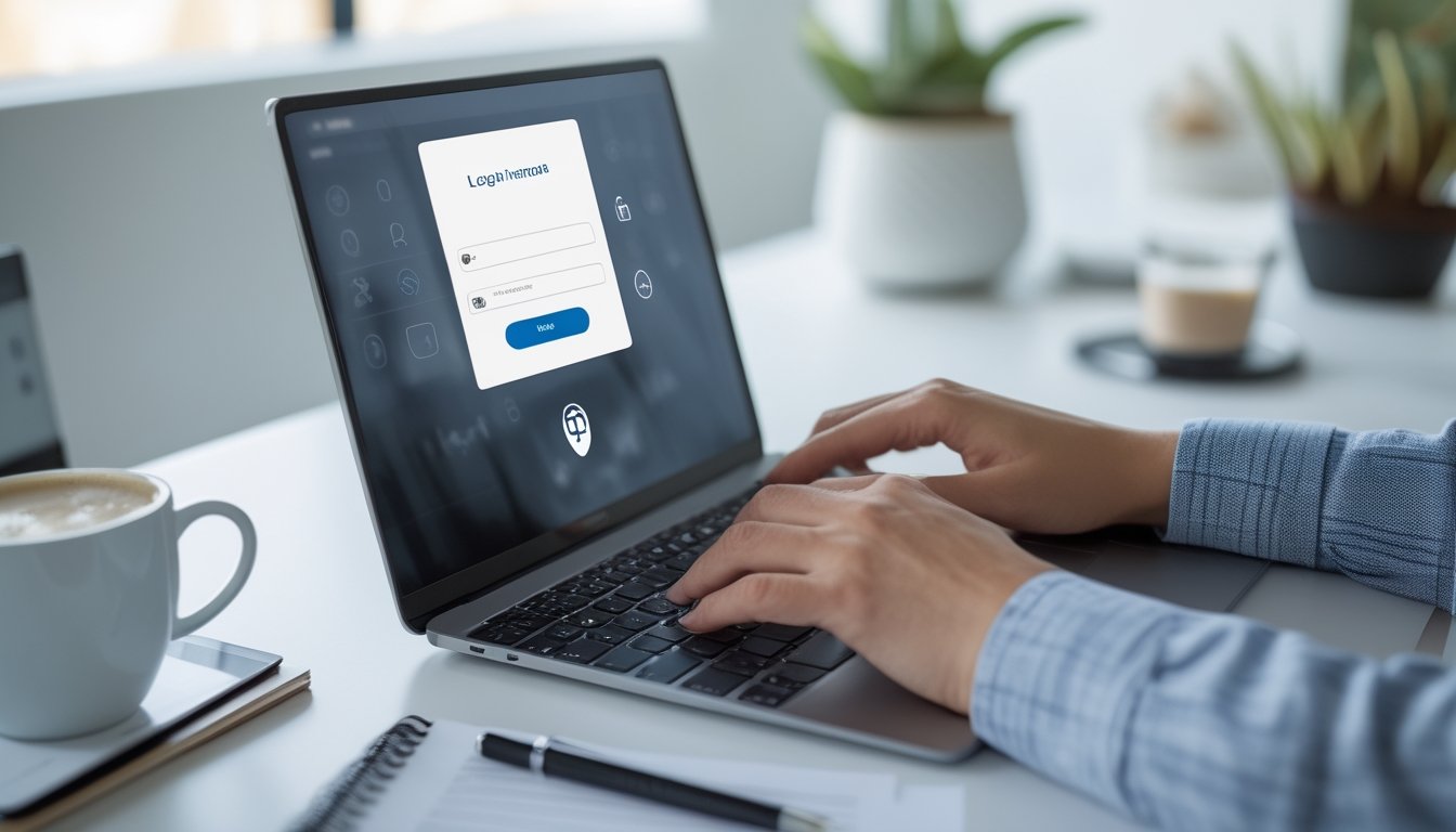 Seseorang sedang mengetik di laptop dengan layar menampilkan antarmuka login yang aman di meja kerja yang rapi.