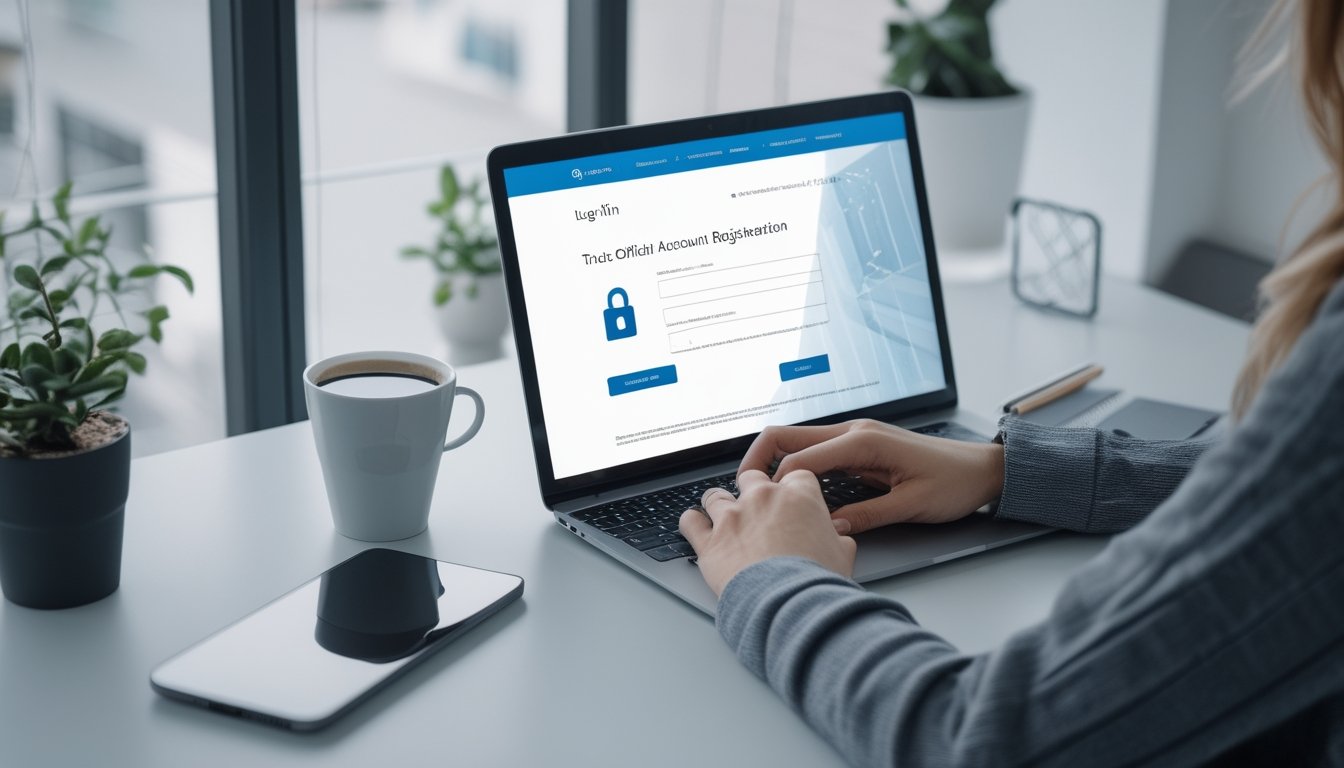 Seseorang sedang menggunakan laptop di meja kerja dengan suasana terang, menampilkan aktivitas pendaftaran akun secara online.