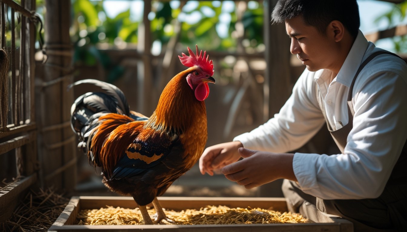 Seseorang sedang memeriksa seekor ayam jago yang sehat dan kuat di lingkungan peternakan tradisional.
