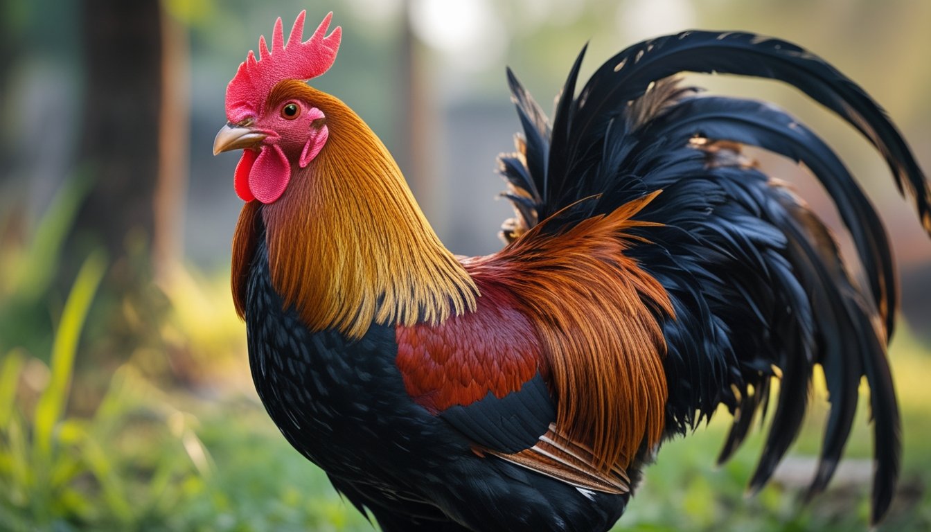 Seekor ayam aduan berkualitas dengan bulu berwarna cerah berdiri di luar ruangan dengan latar belakang rumput hijau dan cahaya matahari.