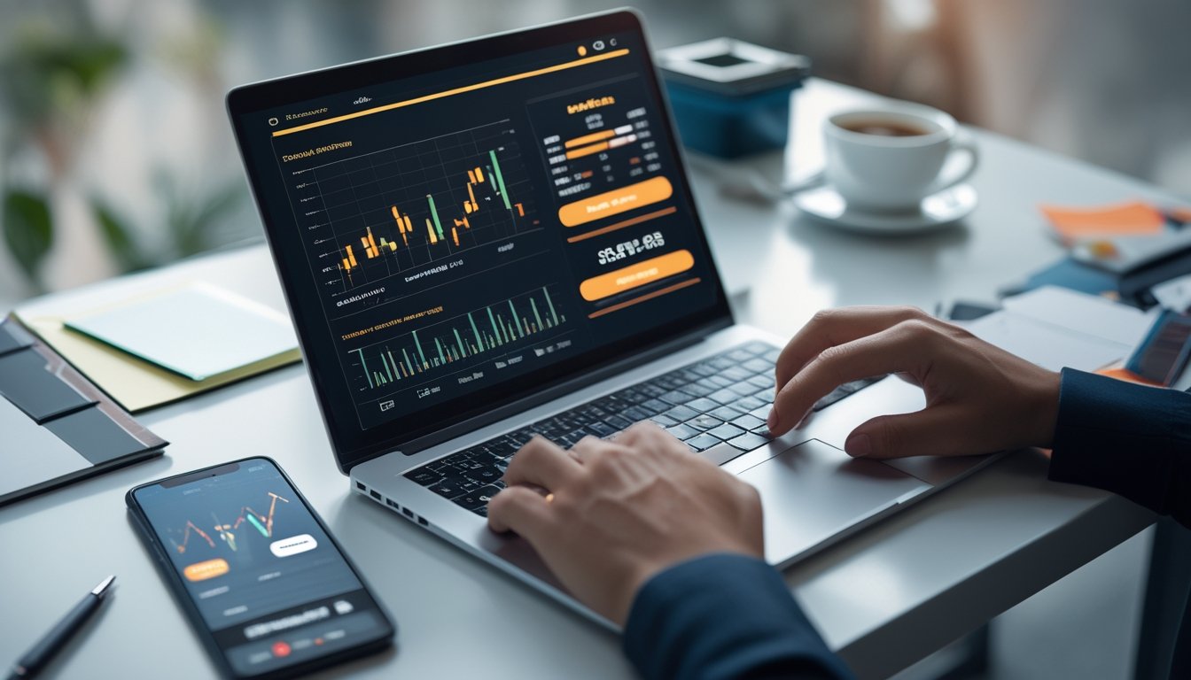 Meja kerja dengan laptop dan ponsel yang menampilkan grafik dan aplikasi taruhan, tangan seseorang sedang menganalisis data.