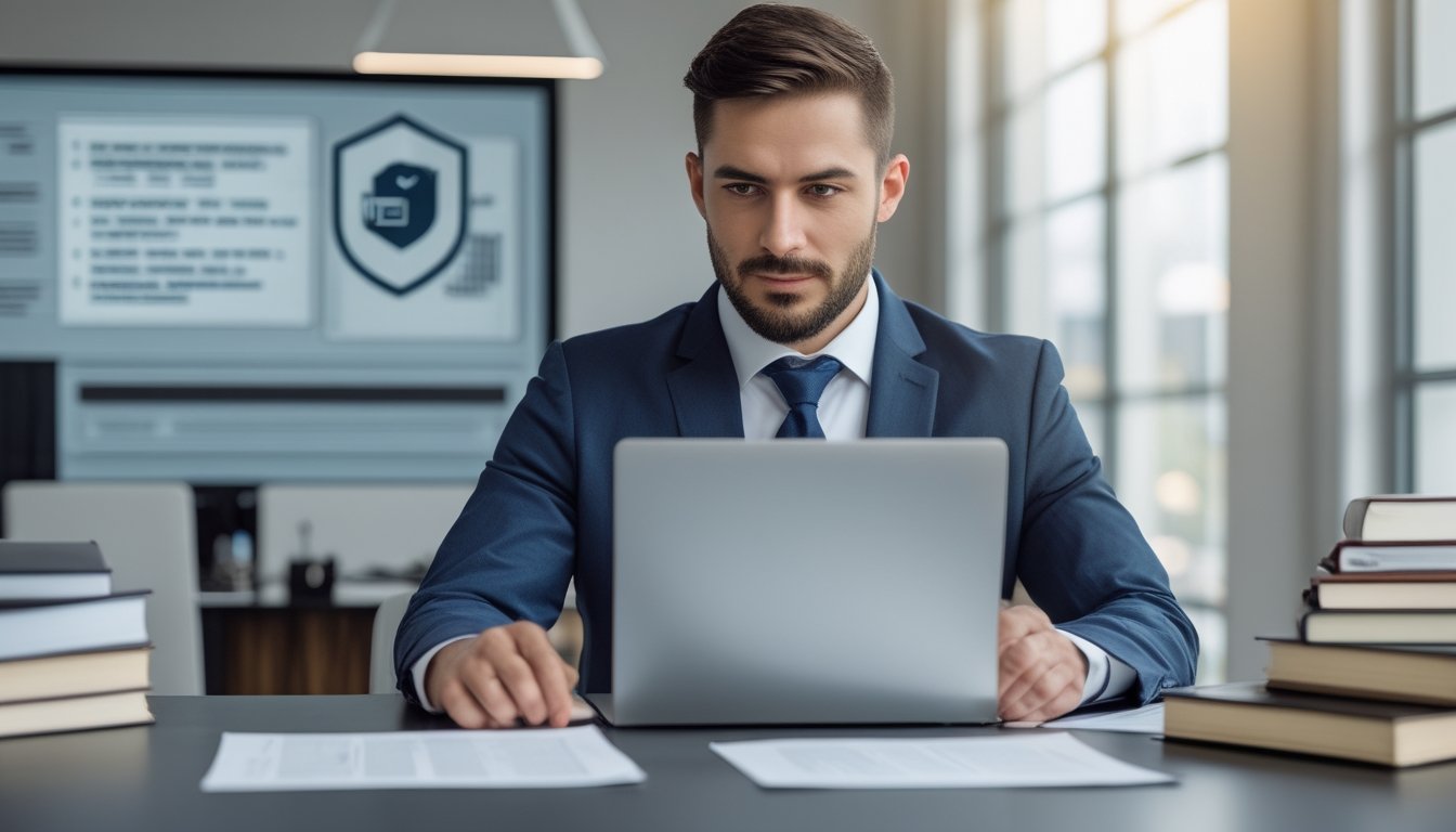 Seorang profesional sedang duduk di meja dengan laptop dan dokumen, menunjukkan suasana kantor yang aman dan terpercaya.