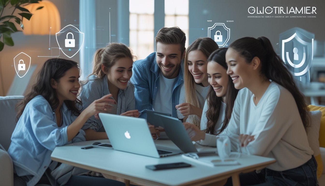 Sekelompok orang muda yang bahagia dan santai bermain game online di laptop dan ponsel dalam ruangan yang nyaman dan terang.