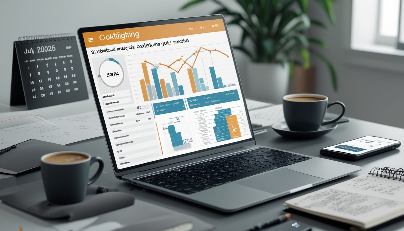 Meja kerja dengan laptop yang menampilkan grafik statistik pertandingan sabung ayam, dilengkapi dengan catatan dan kopi di dekatnya.
