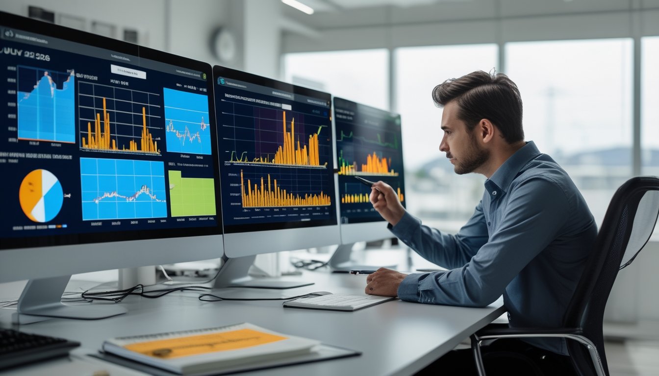 Seorang analis sedang melihat layar komputer dengan grafik dan data statistik pertandingan sabung ayam di sebuah kantor modern.