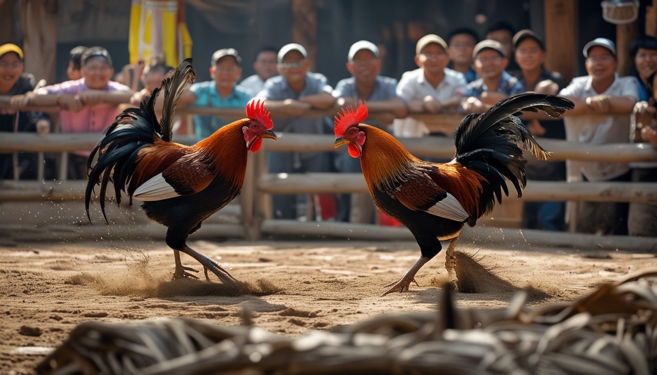 Dua ayam jago sedang bertarung di arena sabung ayam dengan penonton yang antusias mengamati.
