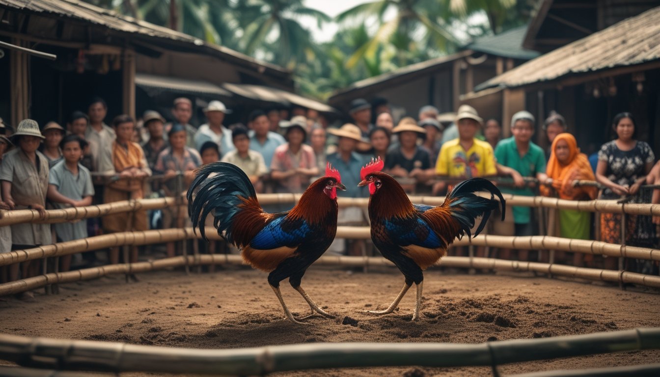 Dua ayam jago sedang bertarung di arena bambu dengan penonton yang memperhatikan di latar belakang.